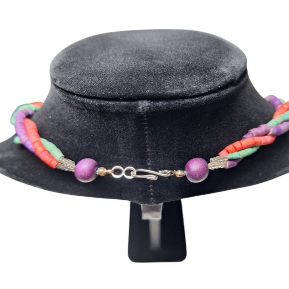 Wooden Necklace 24 Inch Vintage Handmade Tube Beads Triple Strand Hook Clasp - Picture 4 of 10